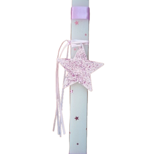 Λαμπάδα αρωμ. λευκή 34εκ. με ξυλινο αστερι ροζ glitter - apois - κορίτσι, λαμπάδες, για παιδιά, για μωρά - 2