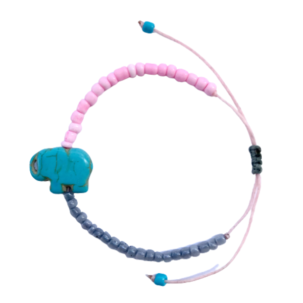 Βραχιόλι με Ελεφαντάκι Γαλάζιο Χαολίτη 02 ροζέ γκρι χάντρες μέγεθος αυξομειούμενο - ημιπολύτιμες πέτρες, ελεφαντάκι, boho, χεριού, αυξομειούμενα
