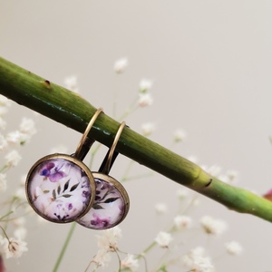 Σκουλαρίκια με γυάλινο στοιχείο, English lavender - γυαλί, ορείχαλκος, λουλούδι