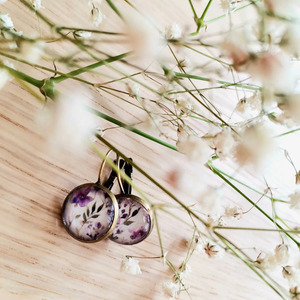 Σκουλαρίκια με γυάλινο στοιχείο, English lavender - γυαλί, ορείχαλκος, λουλούδι - 2
