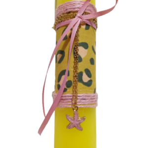 Λαμπάδα αρωματική στρογγυλή κίτρινη με μενταγιόν ατσάλινη αλυσίδα με αστερία ροζ (20χ3,5 εκ.) - κορίτσι, λαμπάδες, για ενήλικες, για εφήβους - 2