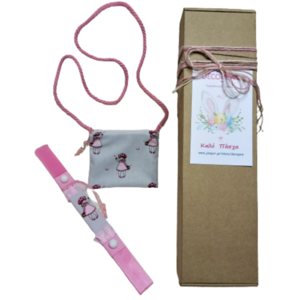 Σετ 2 τεμ.-Λαμπάδα αρωματική πλακέ ροζ φραουλίτσα ( 32 χ 3 εκ. ) & ασορτί χειροποίητο βαμβακερό παιδικό τσαντάκι - κορίτσι, λαμπάδες, σετ, για παιδιά, τσαντάκια - 2