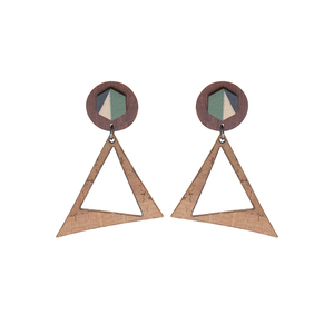 Σκουλαρίκια Φελλός "Cork Triangles" - ξύλο, γεωμετρικά σχέδια, boho, φελλός, μεγάλα