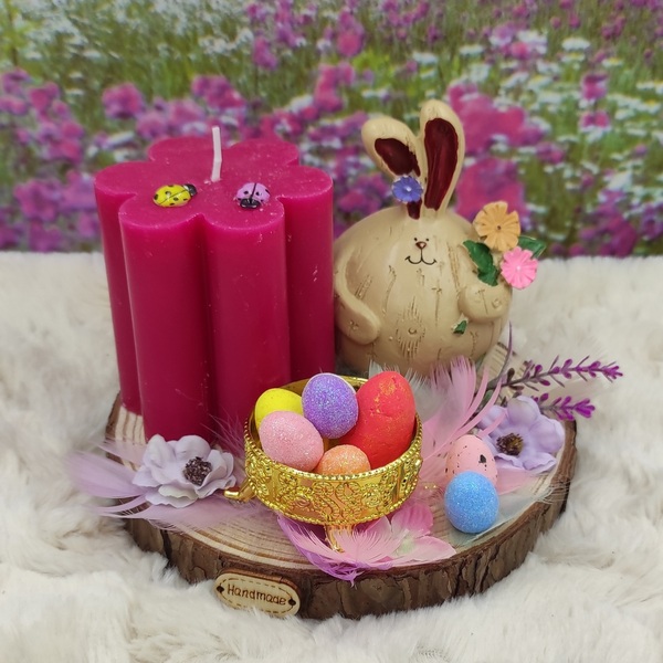 Πασχαλινή Σύνθεση με κεραμικό Λαγό, διακοσμητικά και μπορντώ κερί σε σχήμα λουλουδιού, πάνω σε κορμό ξύλου - διακοσμητικά, πασχαλινά δώρα, διακοσμητικό πασχαλινό - 4