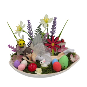 Πασχαλινή Σύνθεση με νεράιδα, διακοσμητικά, λουλούδια, λαγουδάκι επάνω σε κεραμικό φύλλο - νεράιδα, διακοσμητικά, πασχαλινά αυγά διακοσμητικά, πασχαλινά δώρα