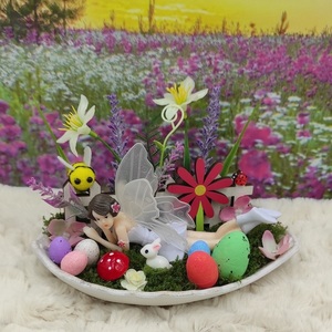 Πασχαλινή Σύνθεση με νεράιδα, διακοσμητικά, λουλούδια, λαγουδάκι επάνω σε κεραμικό φύλλο - νεράιδα, διακοσμητικά, πασχαλινά αυγά διακοσμητικά, πασχαλινά δώρα - 4