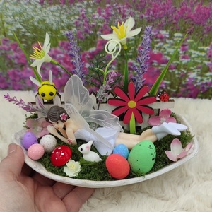 Πασχαλινή Σύνθεση με νεράιδα, διακοσμητικά, λουλούδια, λαγουδάκι επάνω σε κεραμικό φύλλο - νεράιδα, διακοσμητικά, πασχαλινά αυγά διακοσμητικά, πασχαλινά δώρα - 3