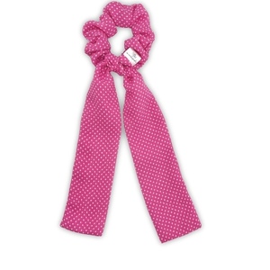 Pink polka scarf scrunchie - ύφασμα, πουά, για τα μαλλιά, λαστιχάκια μαλλιών - 3