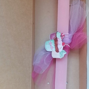 Λαμπάδα αρωματική ροζ ξυστη πλακέ 32 εκ με cupcakes κ τούλια - κορίτσι, λαμπάδες, για παιδιά, για εφήβους, για μωρά - 3