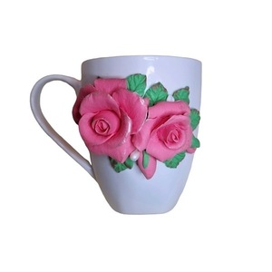 Κούπα με τριαντάφυλλα από πολυμερικό πηλό - τριαντάφυλλο, πορσελάνη, πολυμερικό πηλό