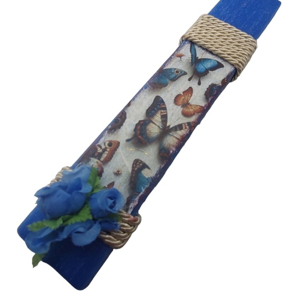 Λαμπάδα μπλε πλακέ αρωματικη 25εκ με πεταλουδες - κορίτσι, λουλούδια, λαμπάδες, για ενήλικες, για εφήβους