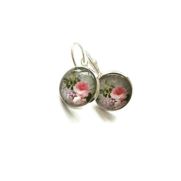 Σκουλαρίκια με γυάλινο στοιχείο Vintage rose - γυαλί, ορείχαλκος, λουλούδι