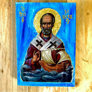 Άγιος Νικόλαος Αρχιεπίσκοπος Μύρων Χειροποίητη Εικόνα Σε Ξύλο 15x21cm - πίνακες & κάδρα, πίνακες ζωγραφικής, εικόνες αγίων - 2