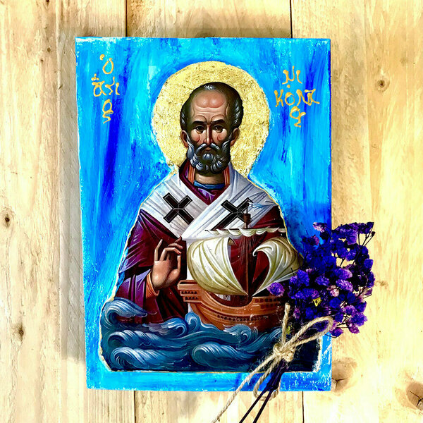 Άγιος Νικόλαος Αρχιεπίσκοπος Μύρων Χειροποίητη Εικόνα Σε Ξύλο 15x21cm - πίνακες & κάδρα, πίνακες ζωγραφικής, εικόνες αγίων - 4