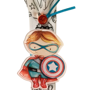 Λαμπάδα με φανταστκό χαρακτήρα κόμικ (Captain America) - μαγνητάκι διακοσμημένη με ύφασμα color me και διάφορες κορδέλες - αγόρι, λαμπάδες, για παιδιά, σούπερ ήρωες, ήρωες κινουμένων σχεδίων - 2