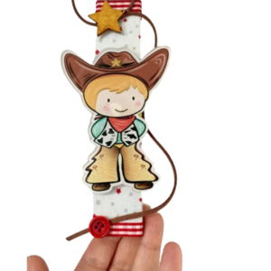 Λαμπάδα Cowboy με λάσο - μαγνητάκι διακοσμημένη με ύφασμα καιδιάφορες κορδέλες - αγόρι, λαμπάδες, αγορίστικο, για παιδιά - 4