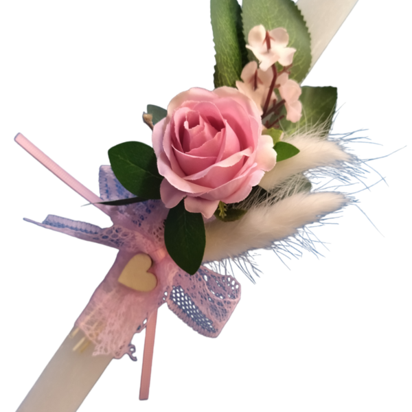 Λαμπάδα λευκή με pampas και ροζ τριαντάφυλλο - κορίτσι, λουλούδια, λαμπάδες, για ενήλικες, για εφήβους - 2