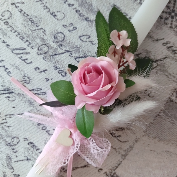Λαμπάδα λευκή με pampas και ροζ τριαντάφυλλο - κορίτσι, λουλούδια, λαμπάδες, για ενήλικες, για εφήβους - 3