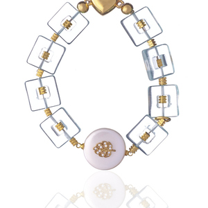 Βραχιόλι με Τετράγωνα Κρύσταλα και Στοιχεία Φύλλου| The Gem Stories Jewelry - ασήμι, επιχρυσωμένα, plexi glass, χεριού, αυξομειούμενα