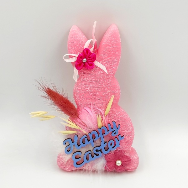 Πασχαλινό αρωματικό ροζ ξυστό κερί λαγός με πούπουλα, αποξηραμένα λουλούδια και ξύλινο στοιχείο "Happy Easter" - διακοσμητικά, δώρο για νονό, πασχαλινή διακόσμηση, πασχαλινά δώρα