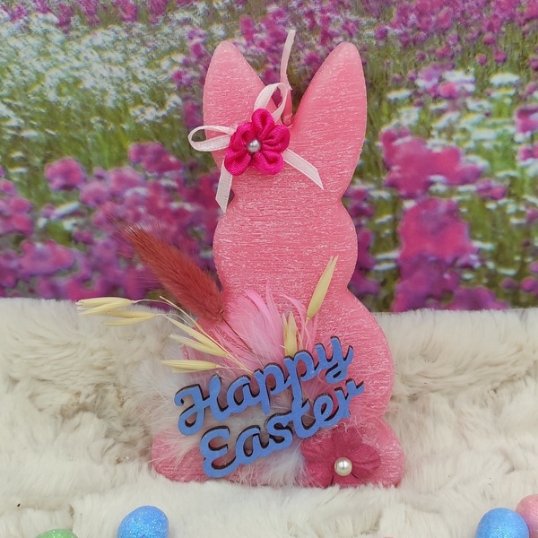 Πασχαλινό αρωματικό ροζ ξυστό κερί λαγός με πούπουλα, αποξηραμένα λουλούδια και ξύλινο στοιχείο "Happy Easter" - διακοσμητικά, δώρο για νονό, πασχαλινή διακόσμηση, πασχαλινά δώρα - 3