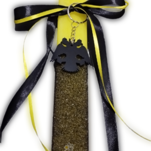 Κιτρινόμαυρη αρωματική πλακέ Λαμπάδα 35εκ, με μαύρο δικέφαλο - λαμπάδες, για παιδιά, για ενήλικες, για εφήβους, σπορ και ομάδες