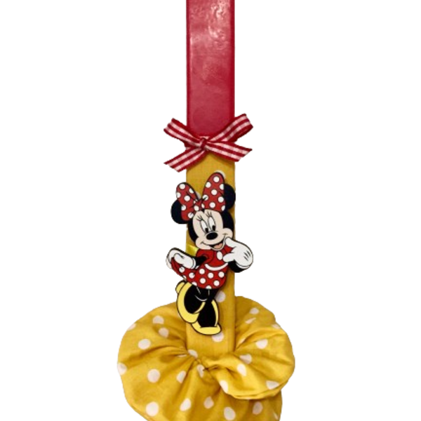 Λαμπάδα με ήρωα κινουμένων σχεδίων (MInnie Mouse) - μαγνητάκι & scrunchie κίτρινο πουα - κορίτσι, λαμπάδες, για παιδιά, ήρωες κινουμένων σχεδίων - 4