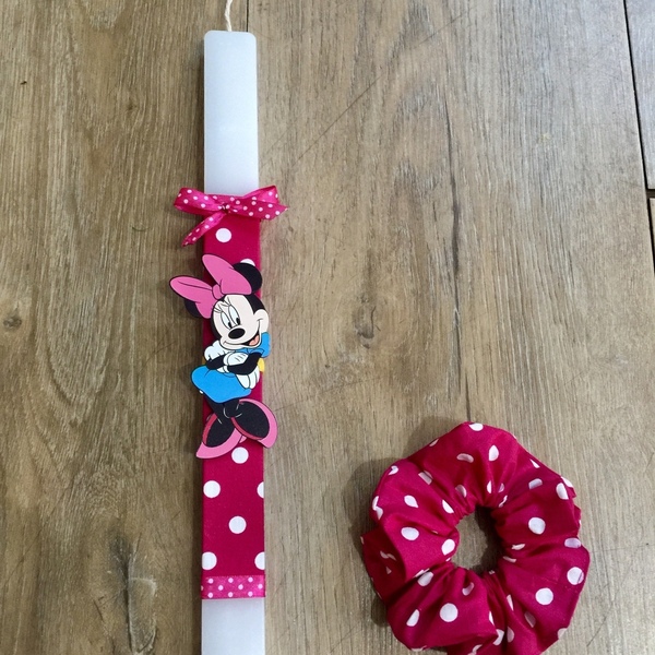 Λαμπάδα με ήρωα κινουμένων σχεδίων (MInnie Mouse) - μαγνητάκι & scrunchie φούξια πουα - κορίτσι, λαμπάδες, για παιδιά, ήρωες κινουμένων σχεδίων - 5