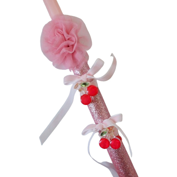 Πασχαλινή ροζ λαμπάδα ύψους 41 εκ. με κλιπς μαλλιών κερασάκια σε κόκκινο χρώμα - κορίτσι, λαμπάδες, για παιδιά, hair clips
