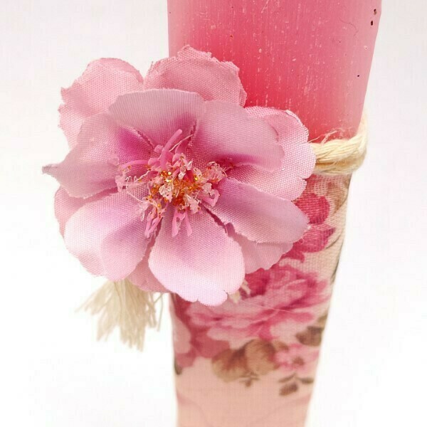 Αρωματική λαμπάδα ροζ με ύφασμα και ροζ λουλούδια 30x5x3 - κορίτσι, λουλούδια, λαμπάδες, για παιδιά, για εφήβους - 3