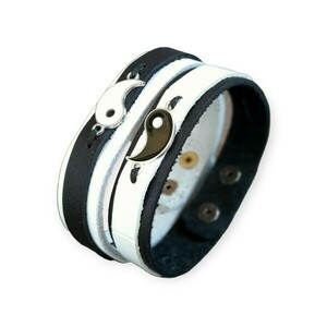 Σετ Δερμάτινα Βραχιόλια yin yang, μαύρο/λευκό, Unisex, 20 Χ 1.5 εκ. - δέρμα, charms, ζευγάρια, αυξομειούμενα