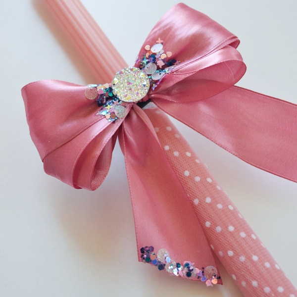 Πασχαλινή ριγέ λαμπάδα σε ροζ χρώμα, ύψους 32 εκ. με χειροποίητο κοκκαλάκι φιόγκο, από σατέν κορδέλα - κορίτσι, για τα μαλλιά, για παιδιά, hair clips - 2