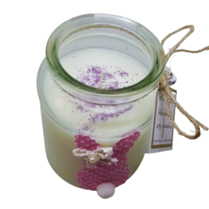 Σετ 2 τεμ. - Πασχαλινό δώρο για τη ΝΟΝΑ - Κερί σόγιας με ανοιξιάτικο λουλουδάτο άρωμα Bamboo Karite σε γυάλινο βάζο με καπάκι και λαγουδάκι ροζ( 340 ml ) και κράτα Καλό Πάσχα - αρωματικά κεριά - 3