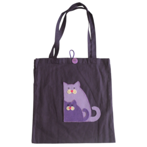Τσάντα υφασμάτινη Tote, σε χρώμα μωβ σκούρο, με χειροποίητες τσόχινες γάτες για στόλισμα που ξεχωρίζει. Οι πιο γλυκές γατούλες σε μία τσάντα για όλη τη μέρα! - ύφασμα, χειροποίητα, tote, φθηνές
