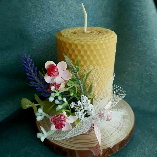 Κερί κηρήθρα (μελισσοκέρι) 10 εκ. με ανθοδέσμη από διακοσμητικά και αποξηραμένα άνθη - κερί, διακοσμητικά, για ενήλικες - 2