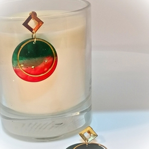 Ιριδίζον στρογγυλά σκουλαρίκια ρητίνης με δύο χρώματα κόκκινο&πράσινο. - γυαλί, επιχρυσωμένα, χαλκός, κύκλος, ατσάλι
