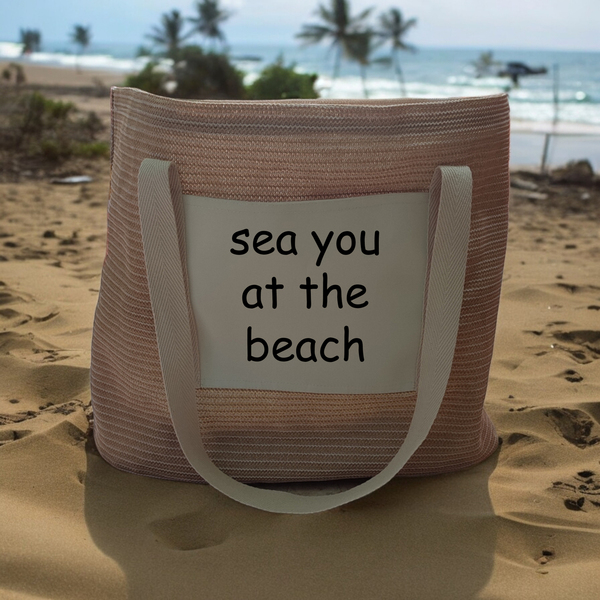 ΤΣΑΝΤΑ ΘΑΛΑΣΣΗΣ "SEA YOU AT THE BEACH" - ύφασμα, ώμου, ψάθα, μεγάλες, θαλάσσης