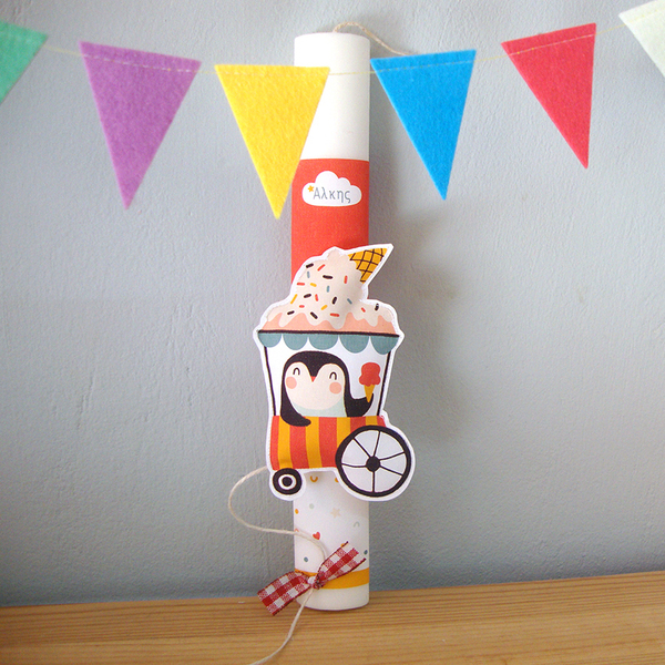 Λαμπάδα "Πιγκουίνος με παγωτό" με όνομα παιδιού 30εκ. - κορίτσι, λαμπάδες, για παιδιά, πρώτο Πάσχα - 2