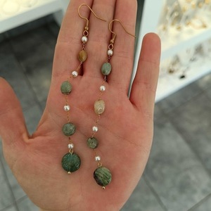 Μακριά ατσάλινα σκουλαρίκια με πράσινο νεφρίτη - ημιπολύτιμες πέτρες, επιχρυσωμένα, ατσάλι, boho, γάντζος - 2