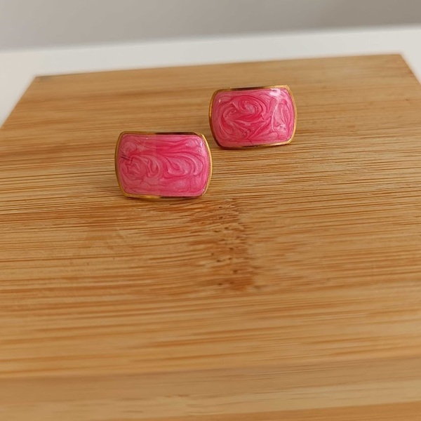 Ατσάλινα καρφωτά σκουλαρίκια με σμάλτο σε ροζ απόχρωση - επιχρυσωμένα, μικρά, ατσάλι, boho, φθηνά - 3