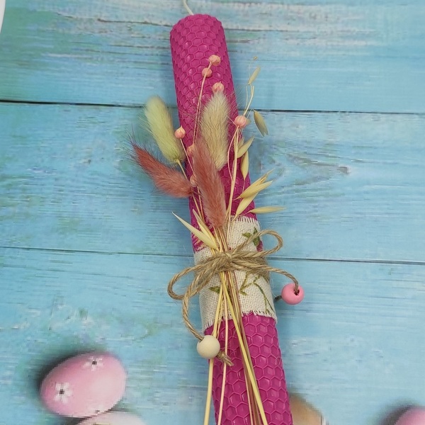 Γυναικεία φουξ λαμπάδα από μελισσοκέρι με αποξηραμένα λουλούδια - κορίτσι, λαμπάδες, για ενήλικες, για εφήβους - 2
