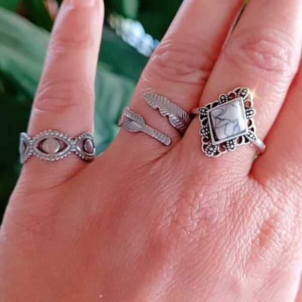 Ορειχάλκινο αυξομειούμενο δαχτυλίδι με ημιπολύτιμο χαολίτη - ορείχαλκος, γεωμετρικά σχέδια, αυξομειούμενα - 3