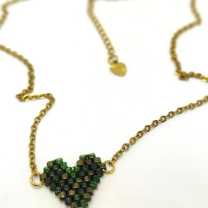Ατσάλινο Κολιέ τσόκερ καρδιά με χάντρες Πράσινο Χρυσό. - επιχρυσωμένα, καρδιά, χάντρες, miyuki delica, ατσάλι - 2