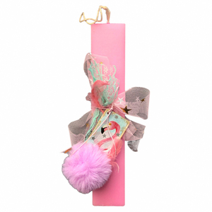 Ροζ λαμπάδα «φλαμίνγκο» με λινή τσάντα . - Διαστάσεις λαμπάδας: 26*4,5*1,7 εκ. - κορίτσι, λαμπάδες, σετ, flamingos, για παιδιά - 2