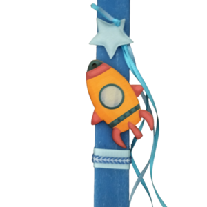 Λαμπάδα μπλε πλακέ με διαστημόπλοιο - αγόρι, λαμπάδες, για παιδιά, για μωρά, πύραυλοι