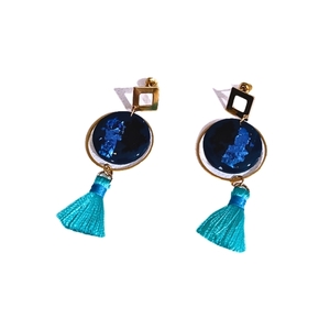 Μακριά σκουλαρίκια με γαλάζιες φούντες - γυαλί, γυναικεία, με φούντες, ατσάλι, boho - 3
