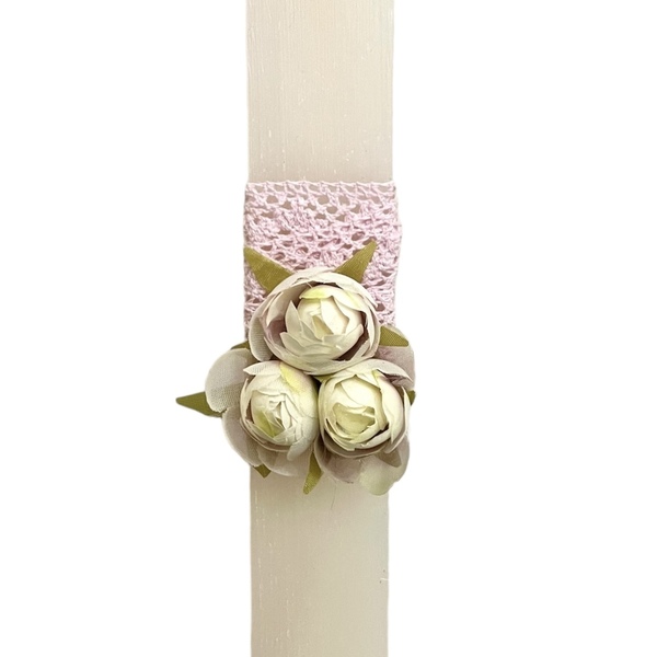 Χειροποίητη αρωματική λαμπάδα σε ρομαντικό στυλ λευκή με λουλούδια 32 εκ. - κορίτσι, λουλούδια, λαμπάδες, για ενήλικες, για εφήβους - 2
