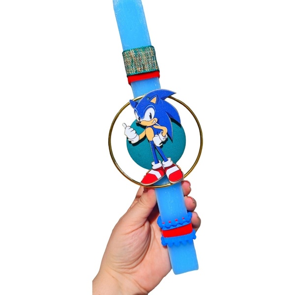 Χειροποίητη αρωματική λαμπάδα 30cm με θέμα τον Sonic - αγόρι, λαμπάδες, για παιδιά, ήρωες κινουμένων σχεδίων, παιχνιδολαμπάδες