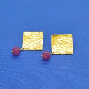 Σκουλαρίκια χειροποίητα τετράγωνα με φούξια πέτρα καρφωτά - ασήμι, ημιπολύτιμες πέτρες, ορείχαλκος, μικρά - 2