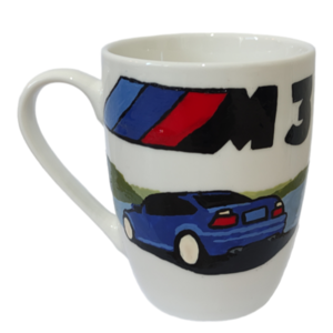 Κούπα πορσελάνης λευκη με χειροποίητο σχέδιο "BMW M3" ζωγραφισμένο με πινελο - χειροποίητα, πορσελάνη, κούπες & φλυτζάνια, πρακτικό δωρο